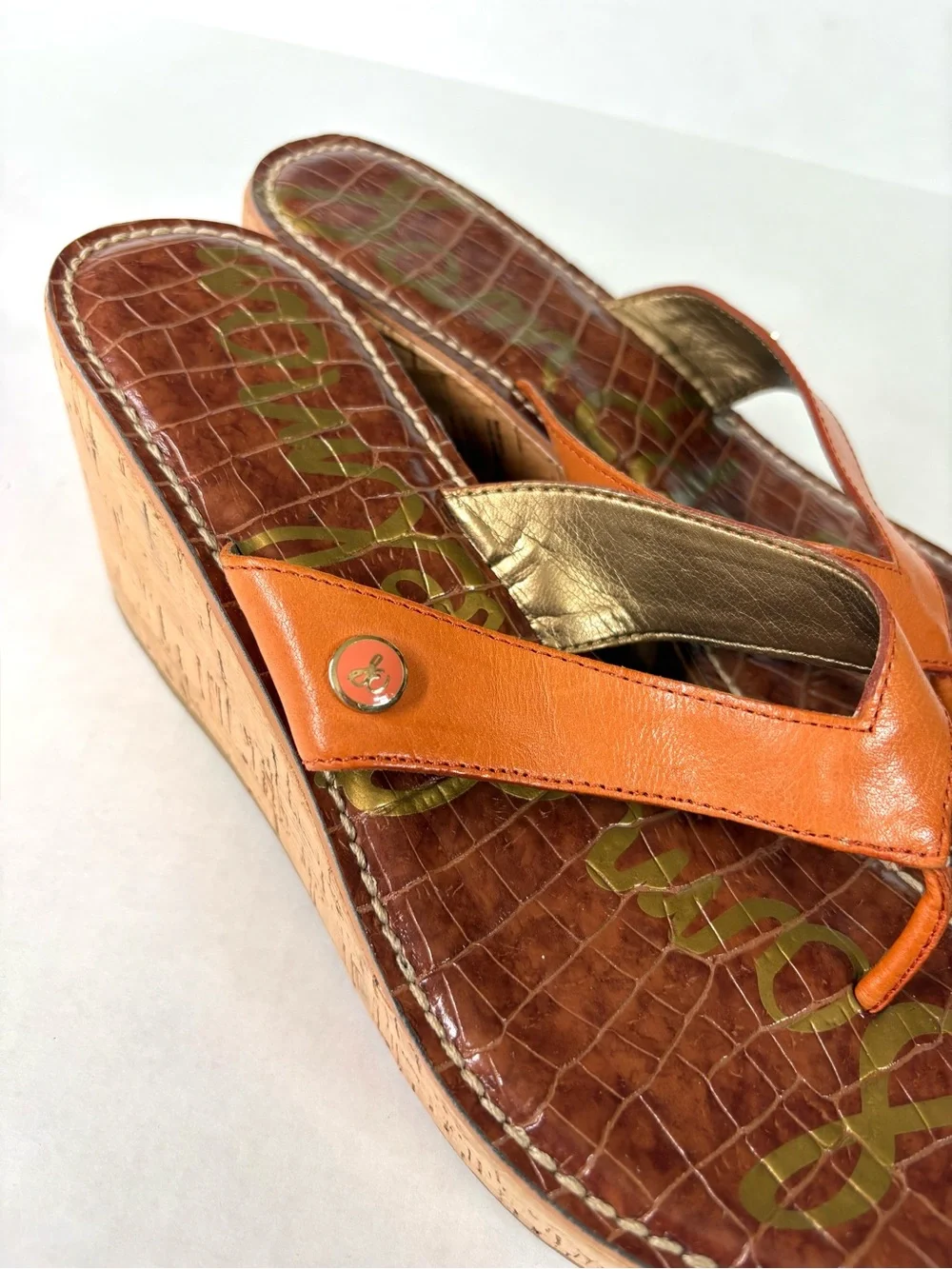 Sam Edelman Romy Croc Print Cork Wedge Thong Sandal US 7.5 Orange
